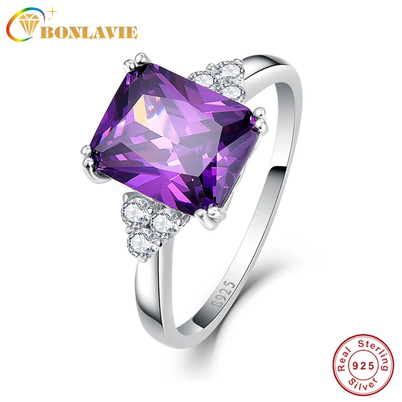 BONLAVI 5.25ct 8*10 мм Аметист брендовые ювелирные изделия женские 925 пробы серебряные Квадратные Кольца Высокое качество обручальное кольцо Размер 5-10