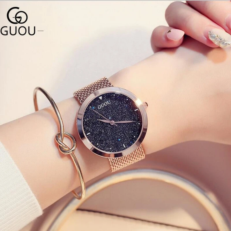 Женские часы с изображением звездного неба GUOU розовое золото |
