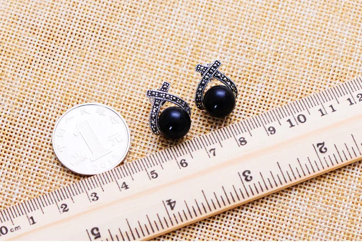 Женские серебряные ретро серьги с черным ониксом ювелирные изделия из тайского