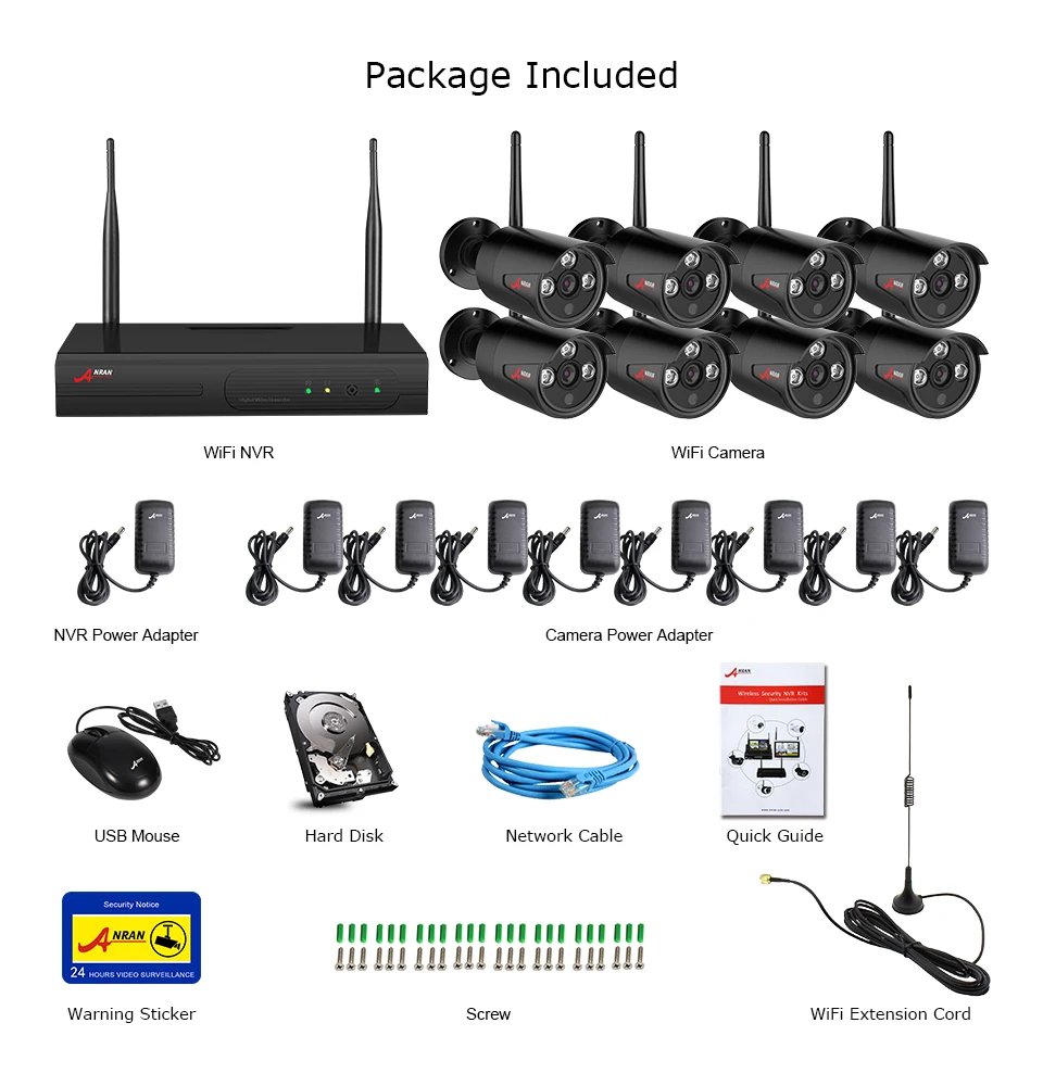 ANRAN P2P HDMI 8CH 1080P wifi NVR 2MP открытый 3 массив ИК Водонепроницаемая беспроводная IP камера CCTV система видеонаблюдения