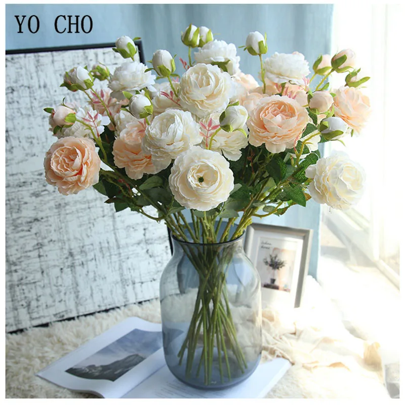 YO CHO 60cm White Peonies Artificial Flower Peony Silk Bouquet for Wedding Home Decoration 3 Heads Rose | Дом и сад