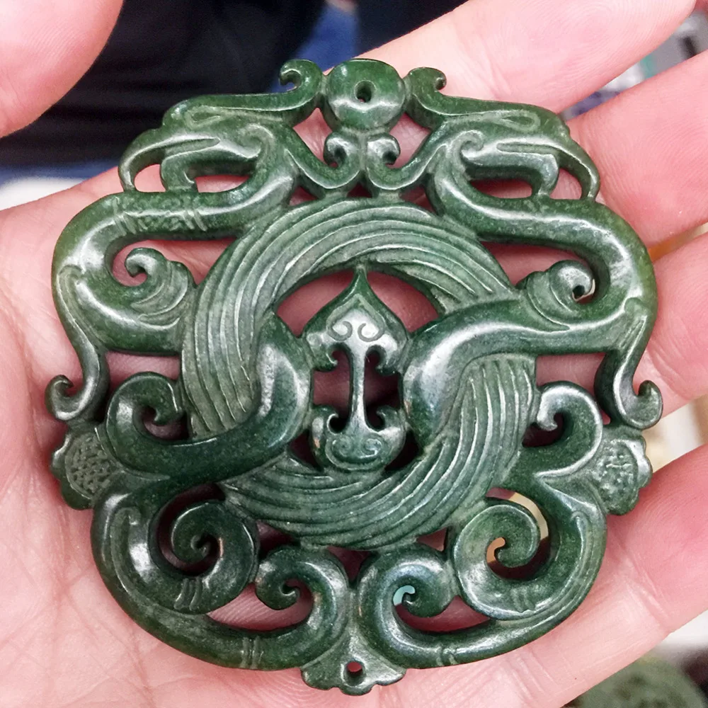 

CHINESE OLD HANDWORK GREEN Jades CARVED TWO DRAGON PENDANT AAAAA