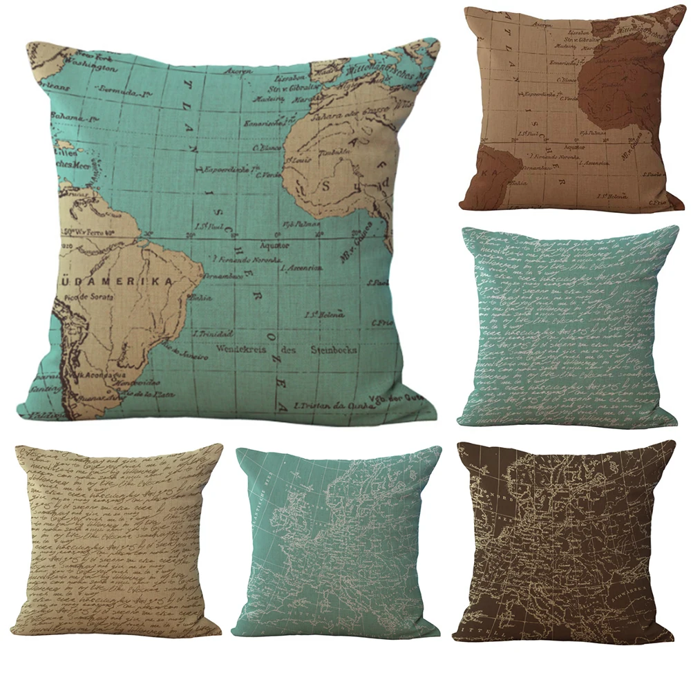 Винтажная средиземноморская карта мира Наволочка на шею льняная кровать диван