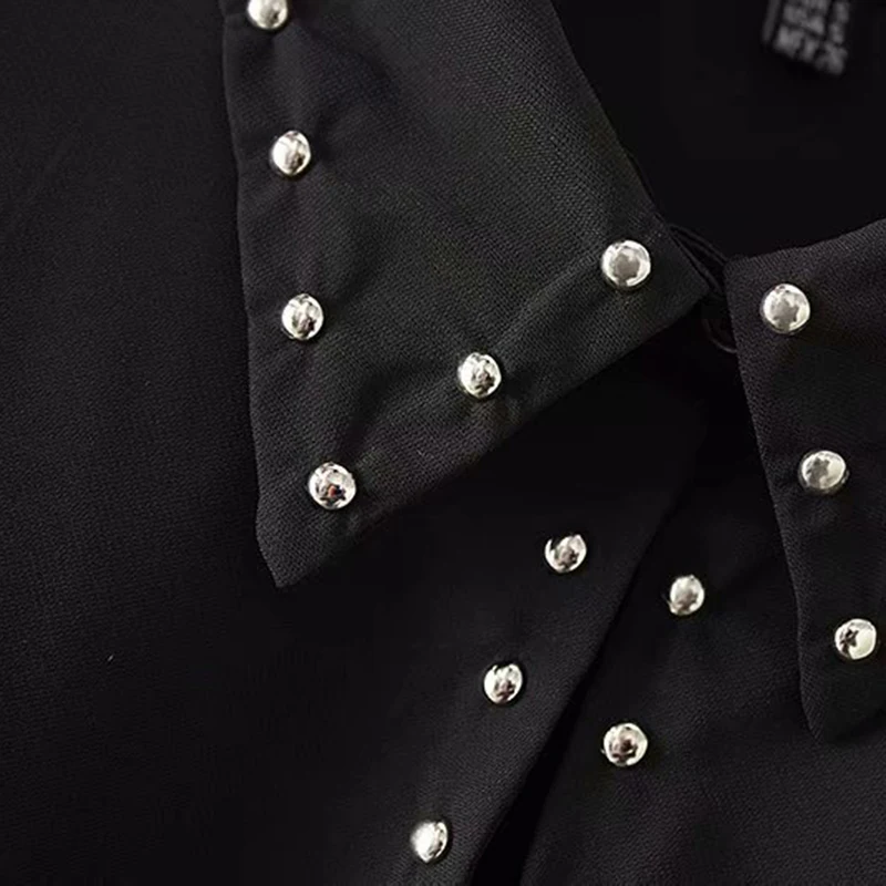 Wonder 2018 new Vintage Flowy Rivet Decorate Tops Blouses Lapel Collar Long Sleeve Pleated Ladies Shirts Casual Blusas Mujer |