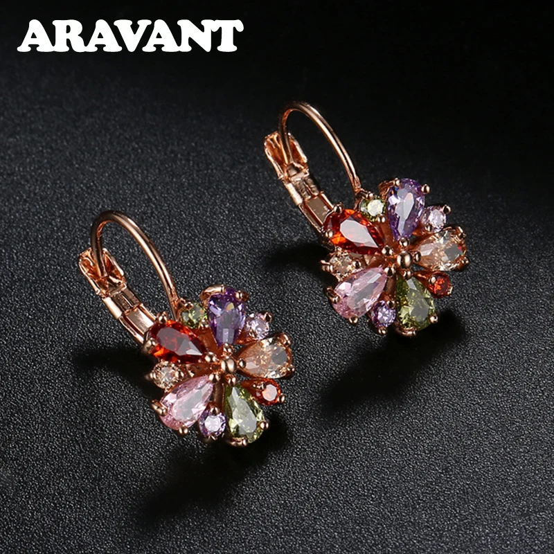 

Rose Gold Colorful Flowers Cubic Zirconia Drop Earrings For Women Fashion Party Jewelry Gifts