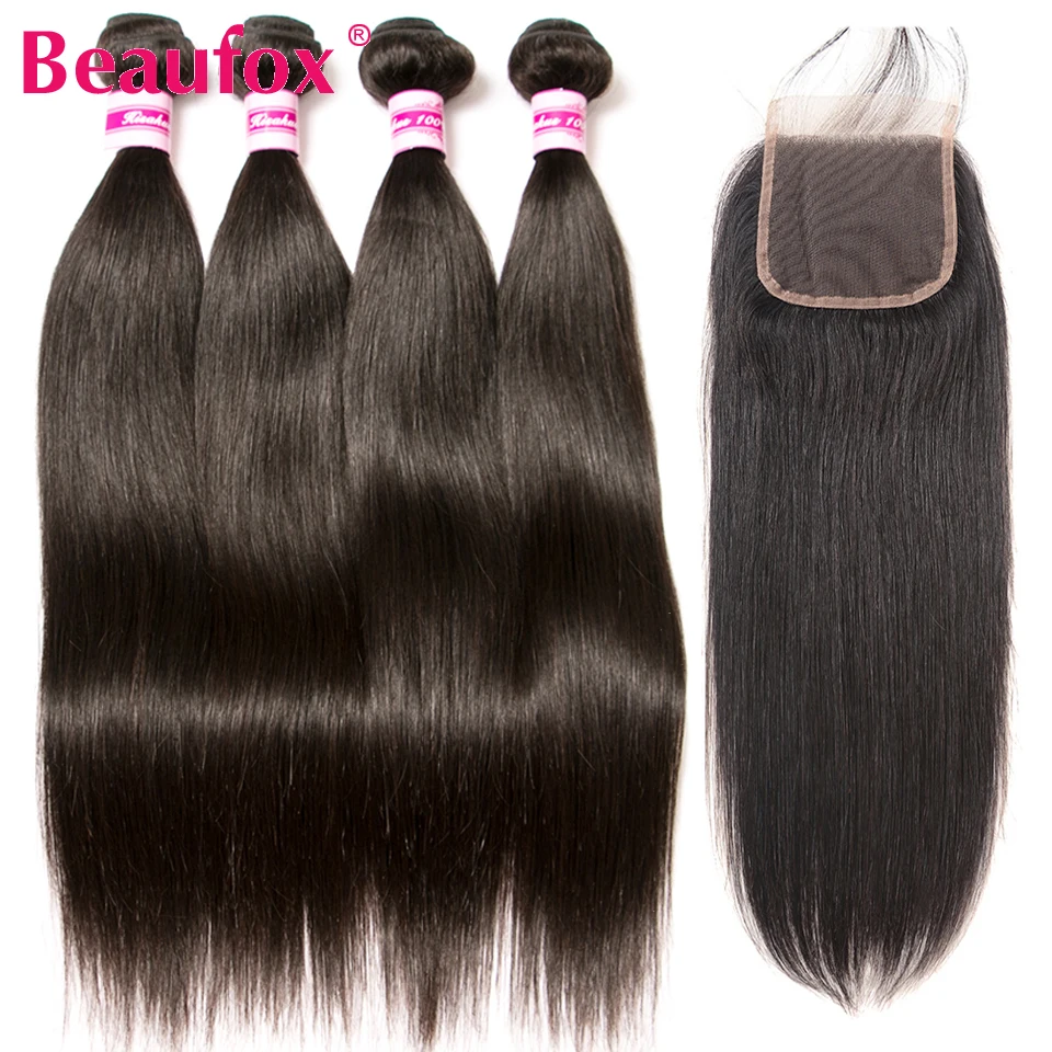 Beaufox индийские прямые волосы пучки с закрытием 100% Remy человеческие 4 пучка