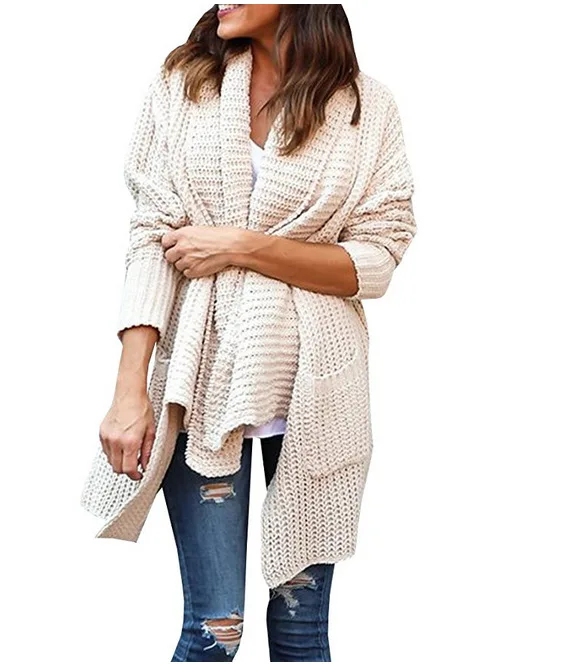 2017 Autumn Winter Women's Loose Long Sleeves Knitted Pocket Cardigan Sweater Coat |