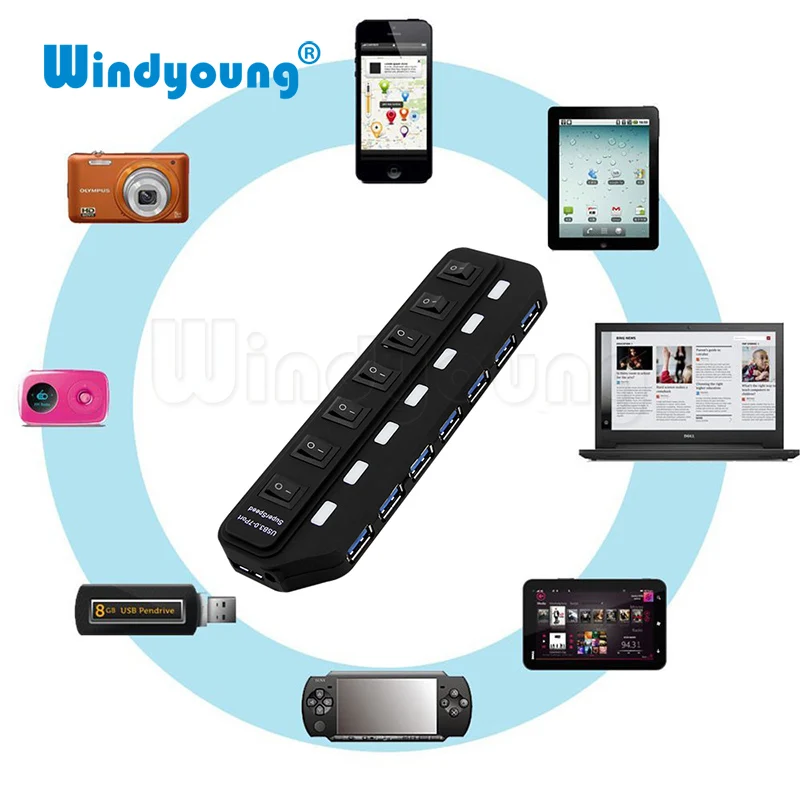 Windyoung USB 3 0 концентратор с 7 портами зарядкой и выключателем питания несколько usb