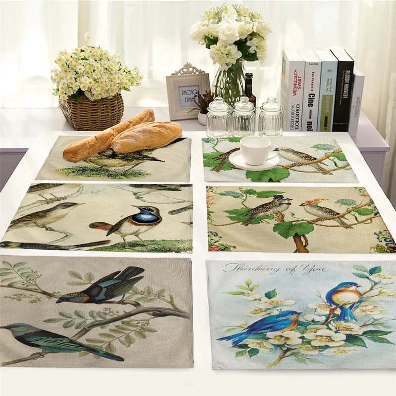 

1Pcs Cute Bird Branch Pattern Placemat Coaster Dining Table Mat Cotton Linen Bowl Cup Mat kitchen Pads 42*32cm Home Decor MA0114