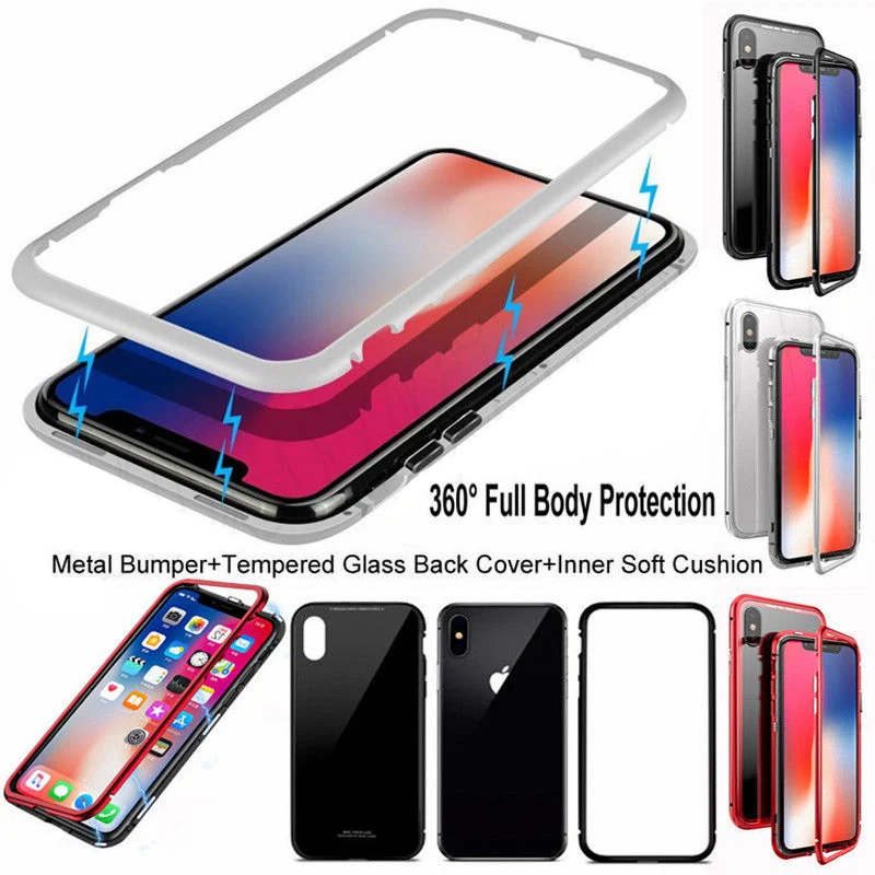 Voguery Magnetic Adsorption Metal Case for iPhone X 8 7 6 6s Plus Magneto Cover Full Body Clear Back Tempered Glass Frame | Мобильные