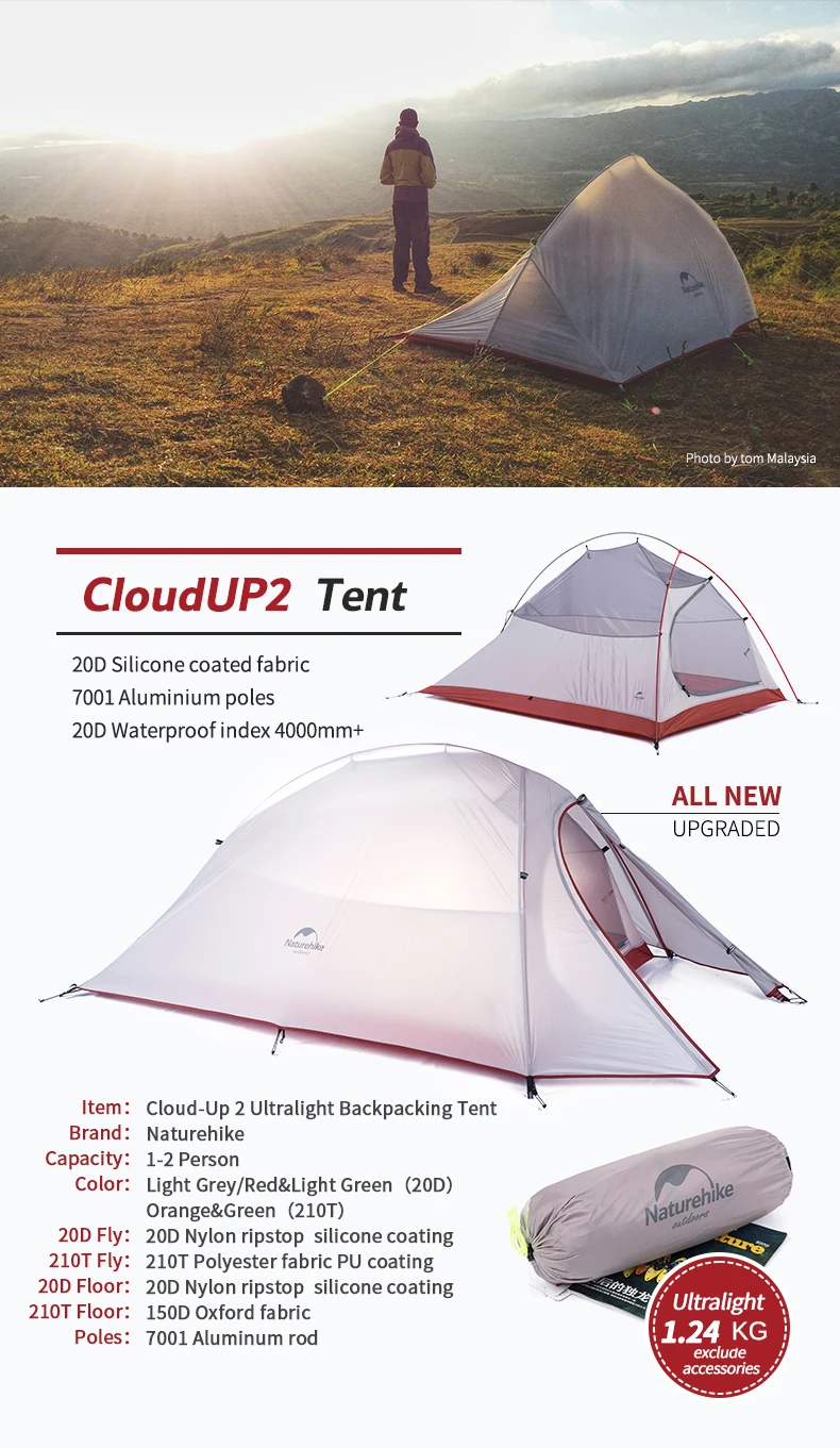 DHL,, NatureHike Cloud Up Series, 2 человека, палатка, сверхлегкая, 20D, силиконовая ткань, палатки для кемпинга, палатки для улицы