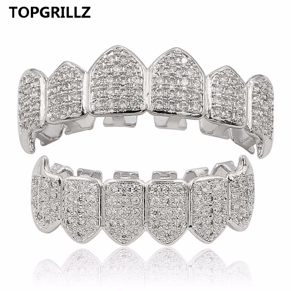

TOPGRILLZ Hip Hop GRILLZ Iced Out AAA Zircon Fang Mouth Teeth Grillz Caps Top & Bottom Grill Set Men Women Vampire Grills