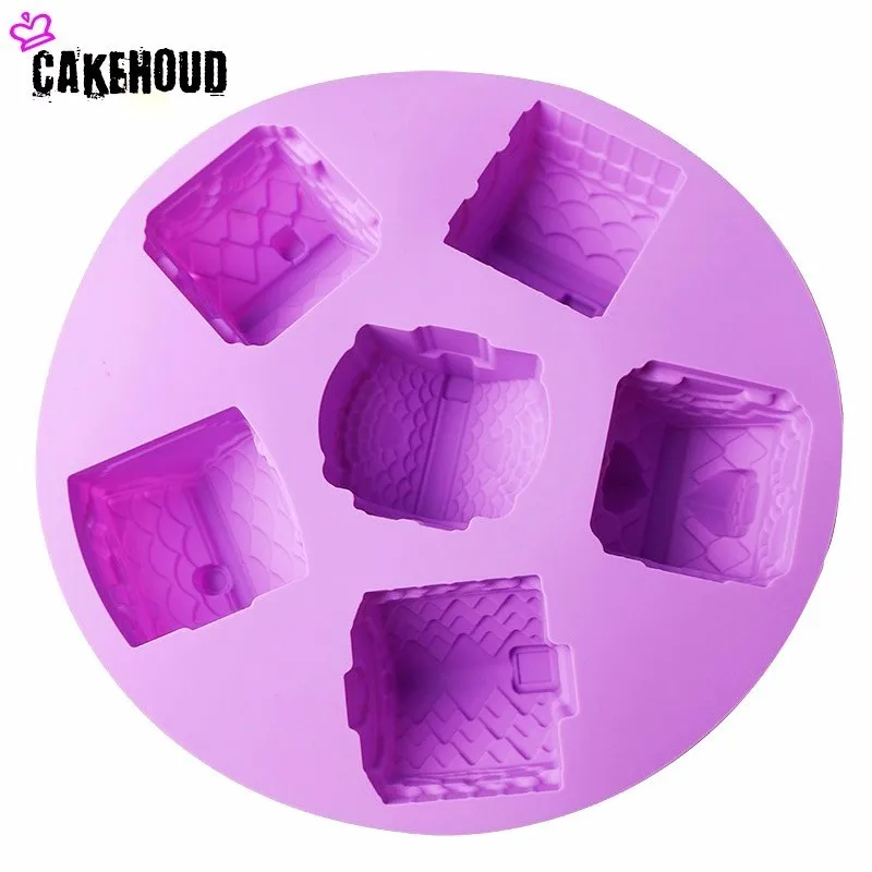 CAKEHOUD 1 Pcs Small House Cake Mold Silicone Christmas 6 House Chiffon Cake Mold DIY Fondant Different Shape House Baking Mould