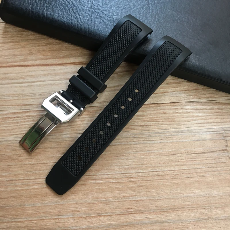 Curved End 22mm Black Soft Silicone Rubber Watch band For IWC PORTUGIESER YACHT CLUB CHRONOGRAPH IW390502 IW390209 Watch Strap