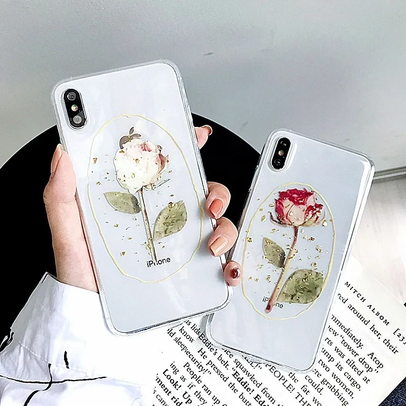 Gold Foil Rose Flower Phone Cases For iphone X Case XS Max XR 7 6 6S 8 Plus Glitter Gloss Floral Transparent Soft TPU Back Cover | Мобильные