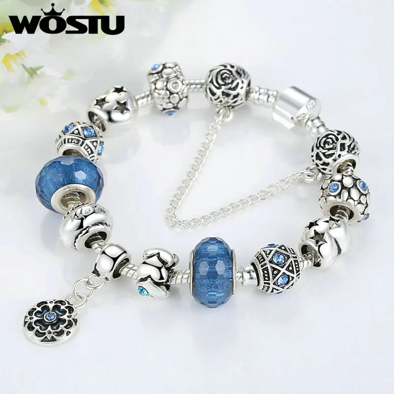 Хит продаж посеребренный очаровательный браслет для женщин синие