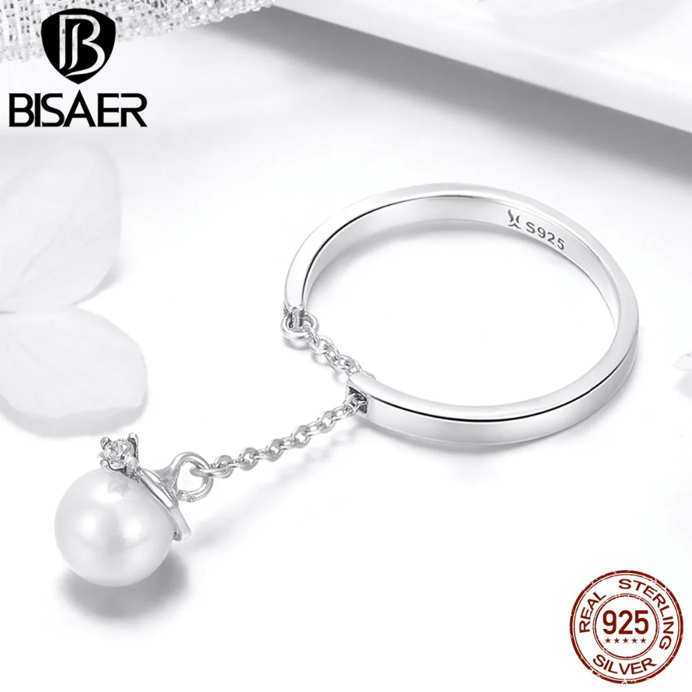 BISAER, 925 пробы, Серебряная оболочка, жемчужные свадебные кольца на палец для женщин, прозрачный CZ, свадебное ювелирное серебряное кольцо anel ECR459