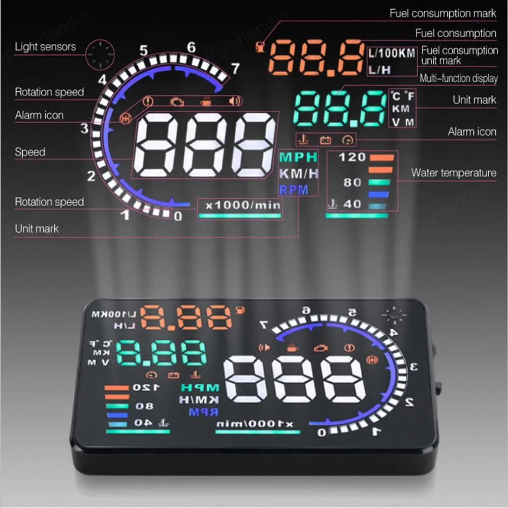 5 дюймов HD Автомобильный Hud Дисплей OBD2 более Скорость сигнализации потребление