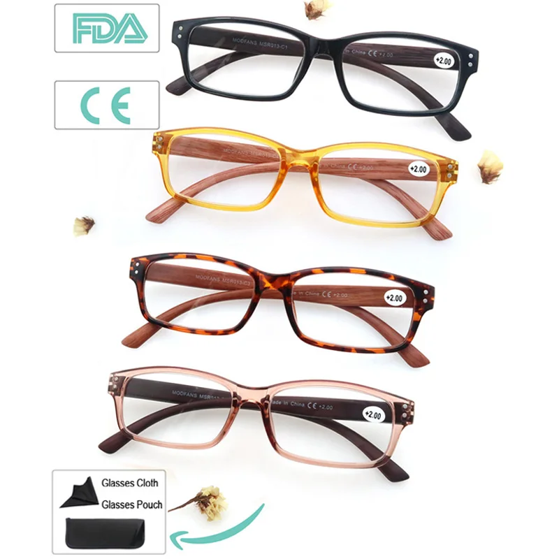 

Men Reading Glasses Rectangular Wood Look Frame Spring Hinge Magnification Lightweight Comfort Readers Eyeglasses for Women