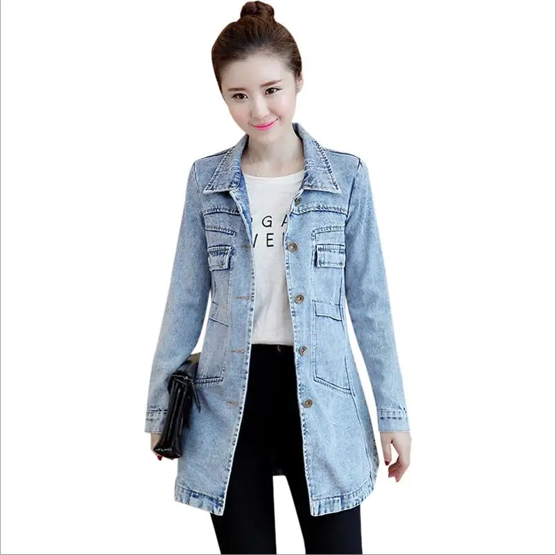 light blue Джинсовая куртка Женская Осенняя зимняя Корейская тонкая Длинная Базовая куртка Женская потертая темно-синяя джинсовая куртка больших размеров пальто классная 5XL - Цвет: light blue