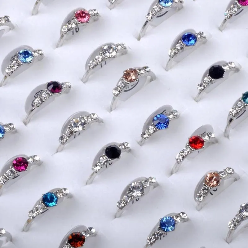 50pcs/lot Mixed Crystal Silver Plated Rings for Women Multicolor Rhinestone Wedding Female Jewelry Brand Design Rings