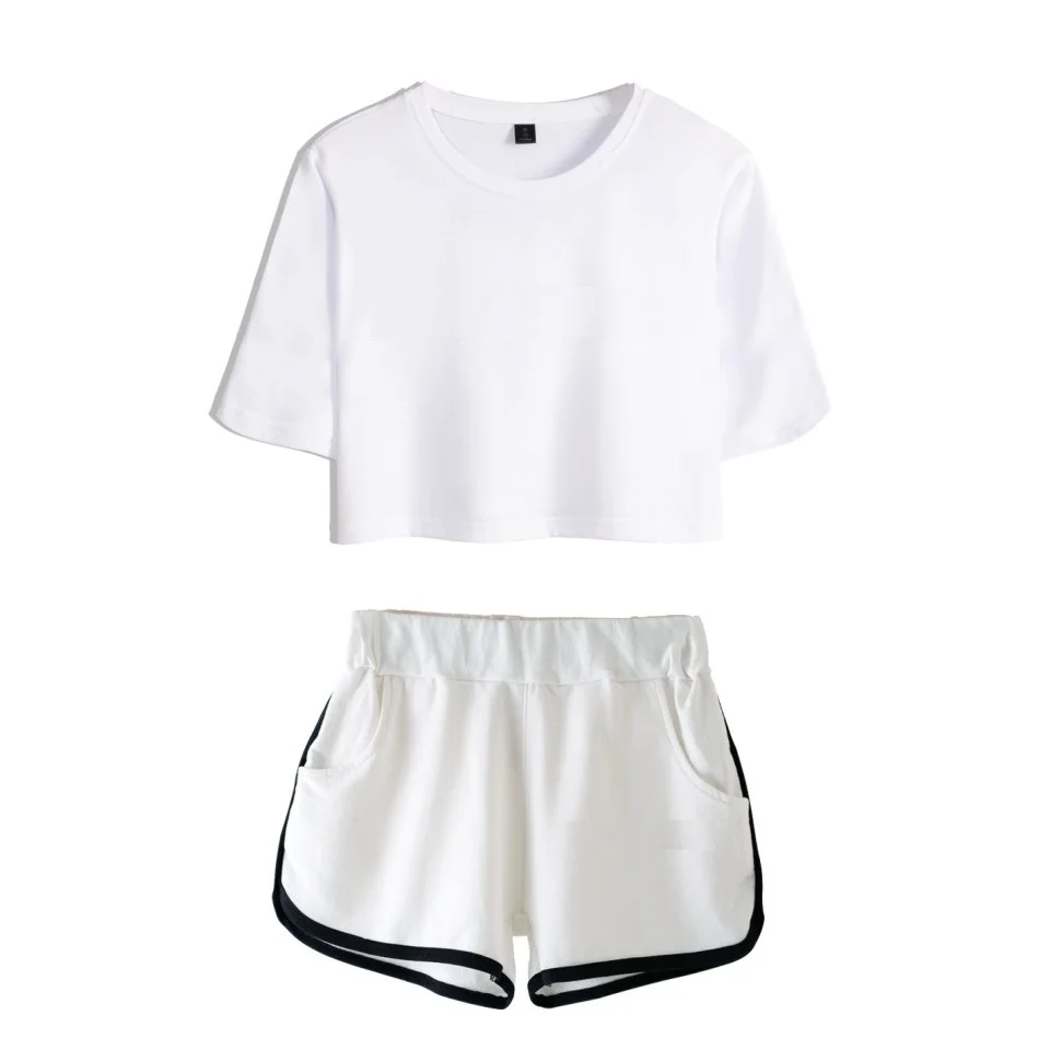 white1 Solid color Дропшиппинг DIY Пользовательский логотип комплект из двух предметов женский хлопковый укороченный топ и шорты Kpop сексуальный пупок укороченная футболка костюм Лето - Цвет: white1 Solid color