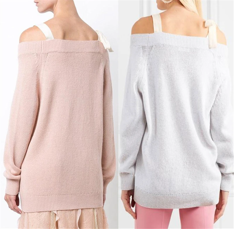 100% goat cashmere knit women fashion slash neck pullover sweater bowknot sling shoulder mid-long H-straight wide loose S/M/L | Женская