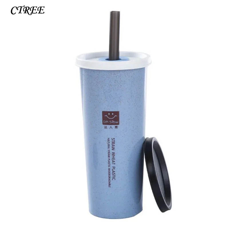 

CTREE 470ml Water Cup With Bouble Lid Straw Cola Coffee Cup Wheat Straw Plastic Healthy Drink Multi-Functional Water Bottle C177