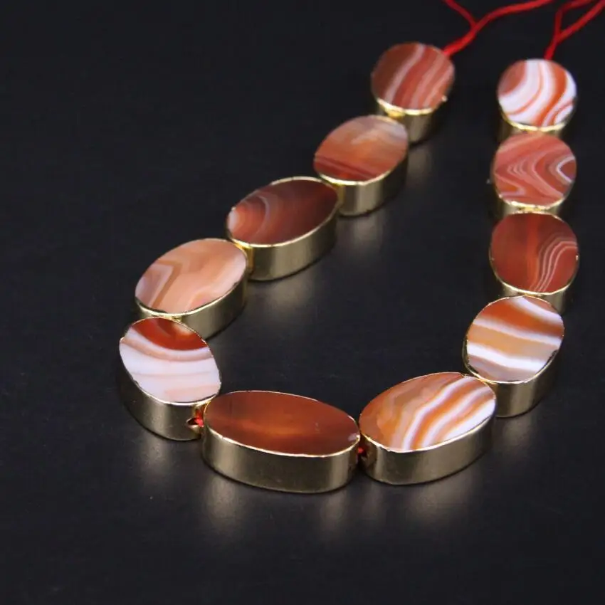 

11pcs Natural Red Stripe Agates Flat Oval Slice Loose Beads,Plating Gold Edged Gem Stone Slab Pendants Bracelet Jewelry Making