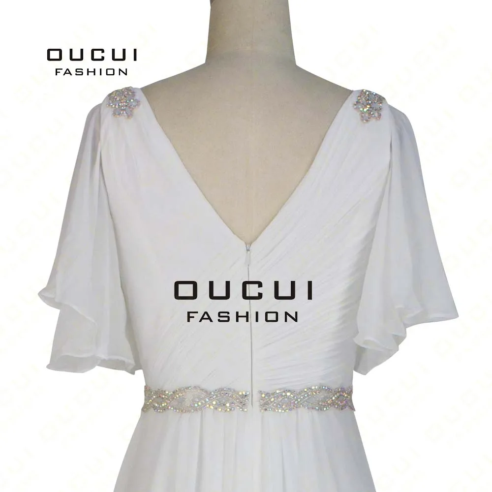 Real Photos Beaded Belt Handmade Chiffon A Line Long Evening Dress Pleat White dress Shoulder Crystal OL102852 | Свадьбы и торжества