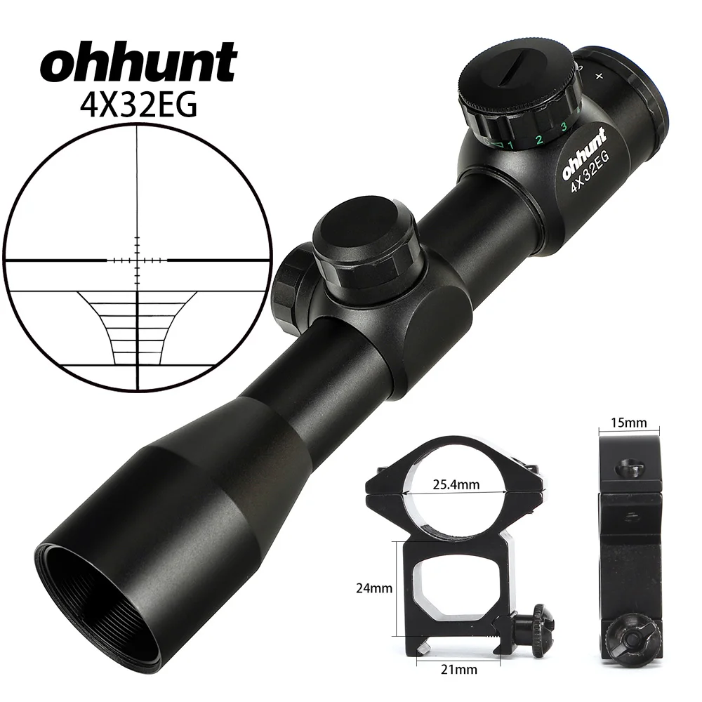 with Picatinny Rings Ohhunt 4x32EG 1 дюймов компактный охотничий прицел тактический оптический прицел красный зеленый с подсветкой дальномер Сетка прицел - Цвет: with Picatinny Rings