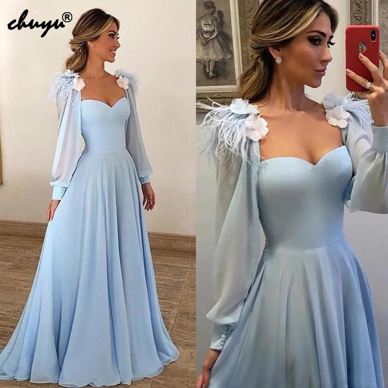 Вечернее платье Небесно синего цвета мусульманское а силуэта милое с длинным