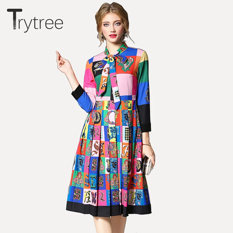 Trytree летнее осеннее платье уличный стиль для женщин с принтом полиэстер платья