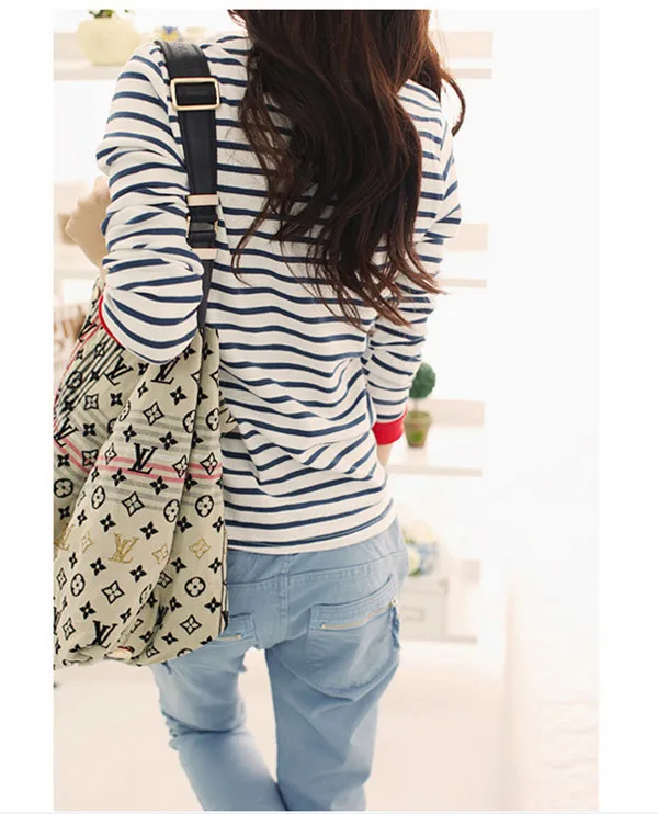 Лидер продаж женские белого и синего цвета в полоску Женщины Top o-образным вырезом