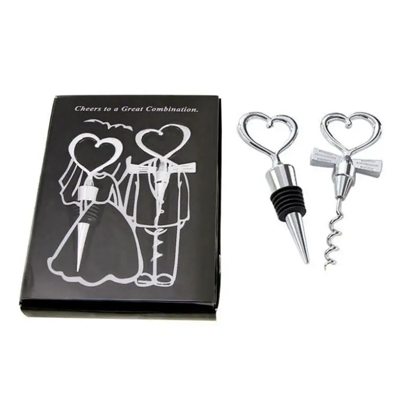 

Love Heart Bride and Groom Combination Wine Bottle Corkscrew Opener and Stopper for Wedding Favor Gifts LX3636