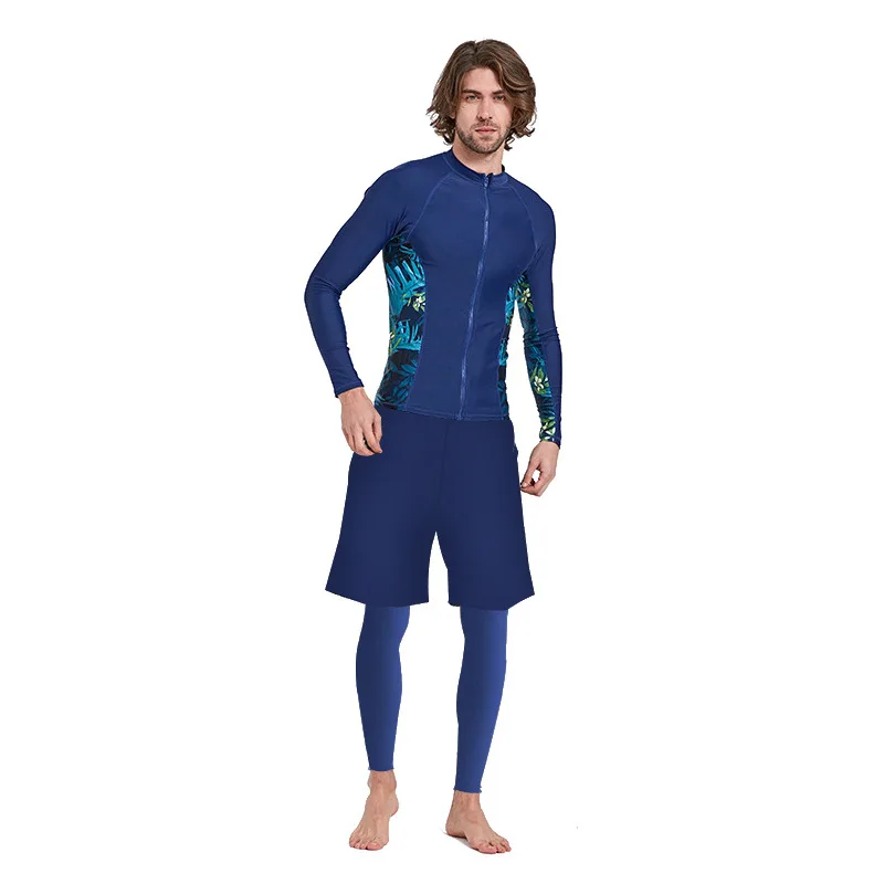 

Men's Long Sleeve Rash Guard Compression Zip Shirt Tee UPF 50+ Rashguard Athletic Swim Tops&Bottom set of 3 piece Sun Swimsuit