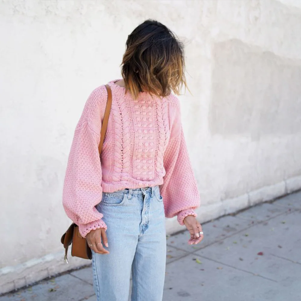OMCHION Pull Femme 2018 Autumn Winter Twist Casual Women Sweaters And Pullovers O Neck Thick Pink Jumper Brand Knitwear LMM199 | Женская
