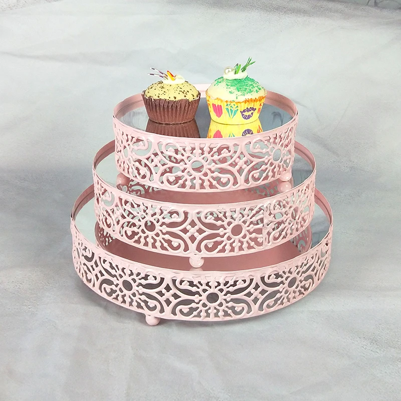 3PCS Pink Новое поступление 3 шт.-1 шт. белая/Золотая/Серебряная/розовое зеркало круглая металлическая, для подставки для пирожных тарелок для дома, свадьбы, дня рождения - Цвет: 3PCS Pink
