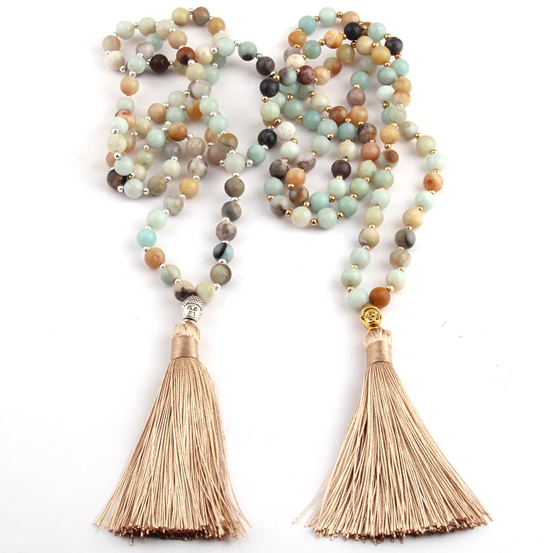 Fashion Bohemian Tribal Beige Tassel Yoga Jewelry Amazonite Stone Buddha Necklace For Women Lariat Necklaces | Украшения и
