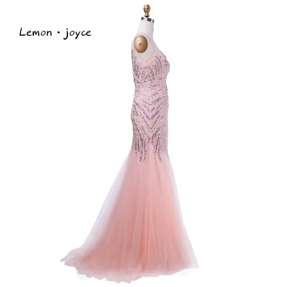 Formal Light Pink Evening Dresses Mermaid 2018 New Design O-neck Backless Beading Crystal Floor-length Tulle Party Gowns | Свадьбы и