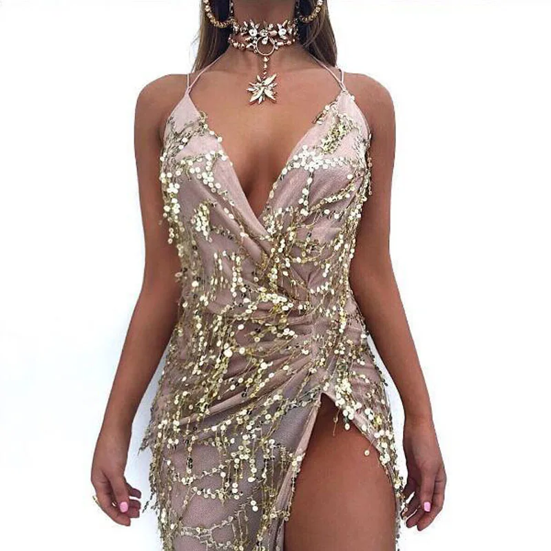 Сексуальное длинное платье макси с блестками глубоким v-образным вырезом
