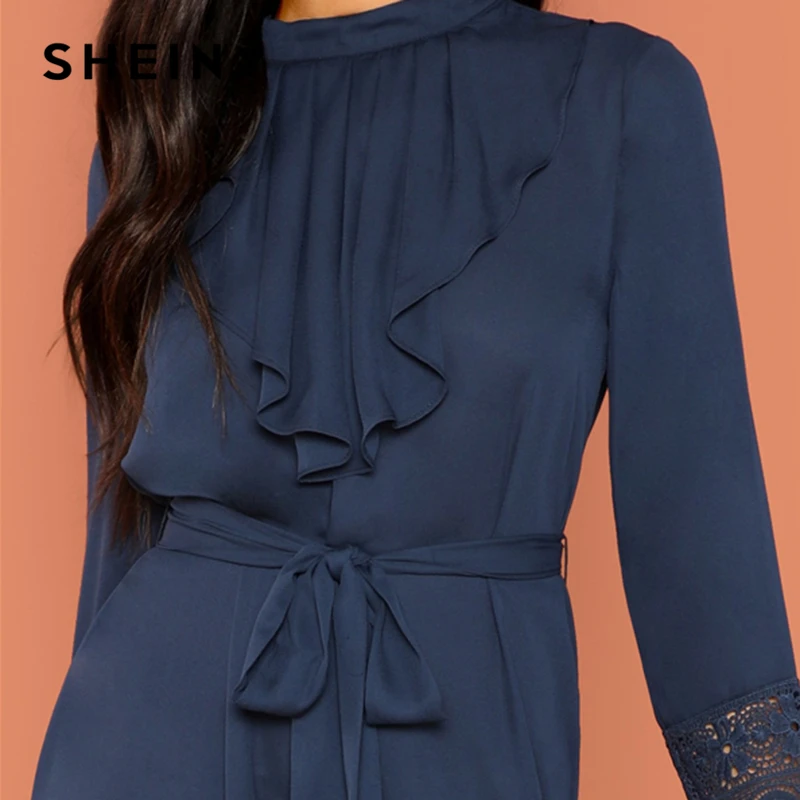 SHEIN Платье С Гипюровой Отделкой И Поясом, Миди Слатье С Воротником Стойкой И Длинными Рукавами