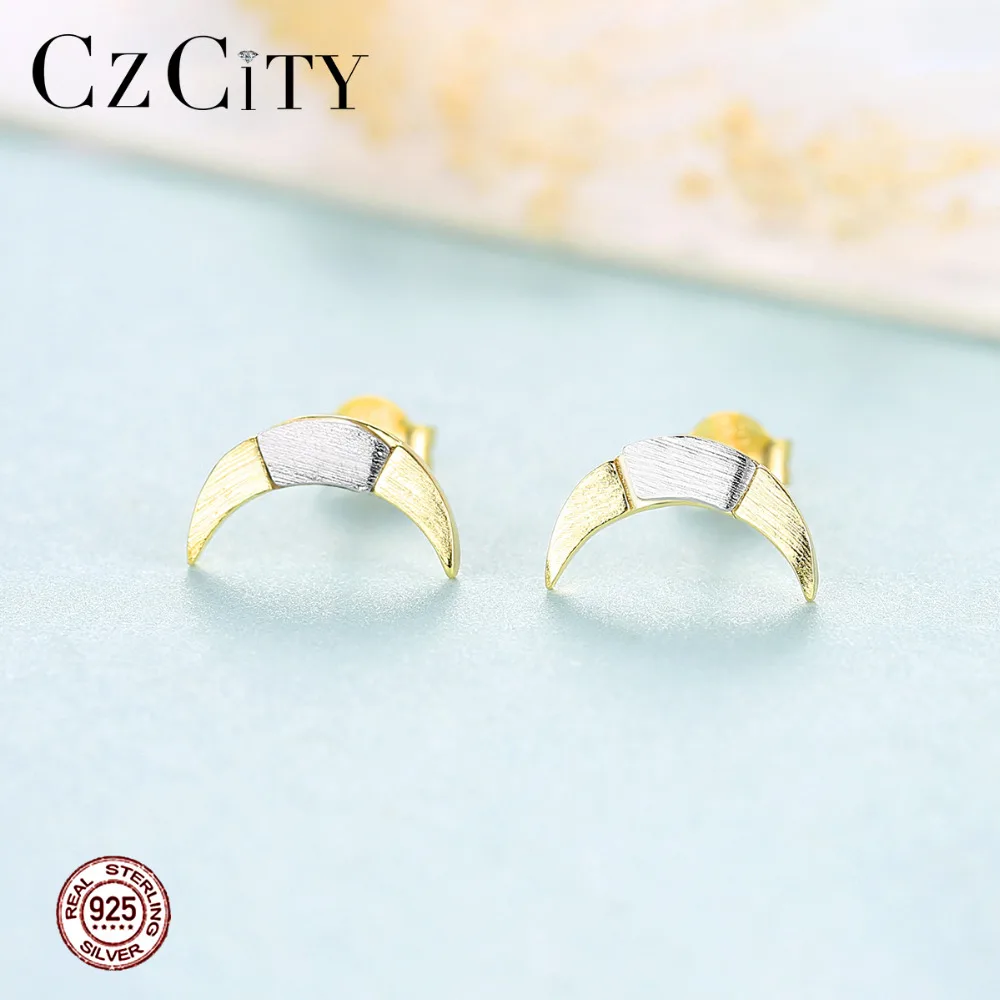 CZCITY Фирменная кисть Твердые 925 стерлингового серебра луна серьги гвоздики для