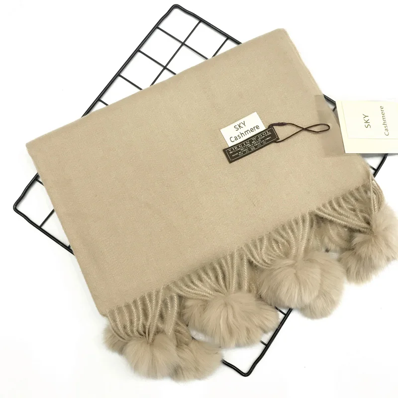light camel Женский однотонный кашемировый шарф с меховым помпоном, зимний шарф высокого качества, женский шарф из пашмины, шаль, шарф, новинка - Цвет: light camel