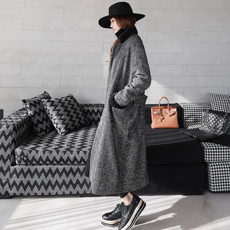 Трендовое женское двубортное пальто длинное черное в полоску|wool coat women|fashion wool