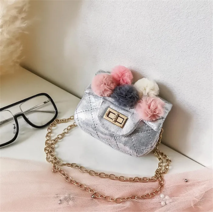 Silver KAFVNIE Детская сумка для девочек, сумка на плечо, модный цветок, блестящая металлическая цепочка, ведро, Детская сумка с клапаном, блестящие вечерние сумочки для детей, подарок - Цвет: Silver