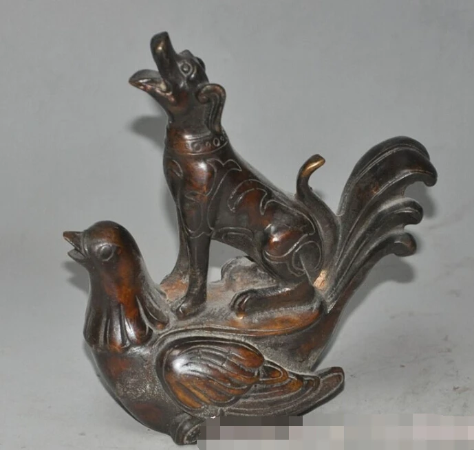 S0527 old chinese fengshui bronze zodiac Chicken Rooster dog Canine wealth statue | Дом и сад