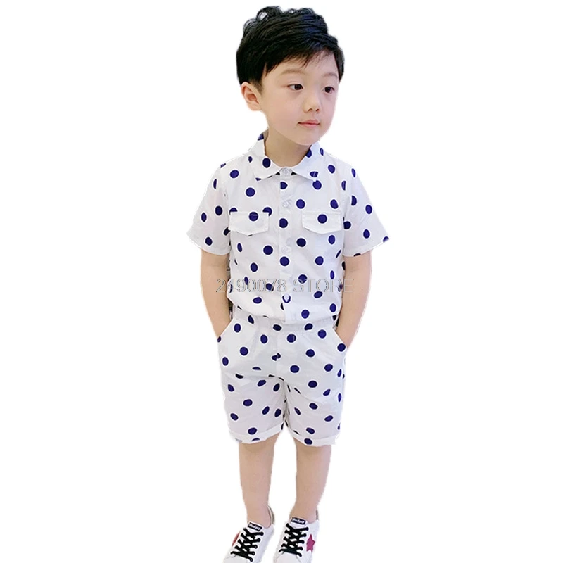 

School Boys Summer Hawaii Suit Dot Blazer+Shorts 2PCS Clothing Set Gentleman Kids Wedding Dress Enfant Garcon Mariage Party Wear