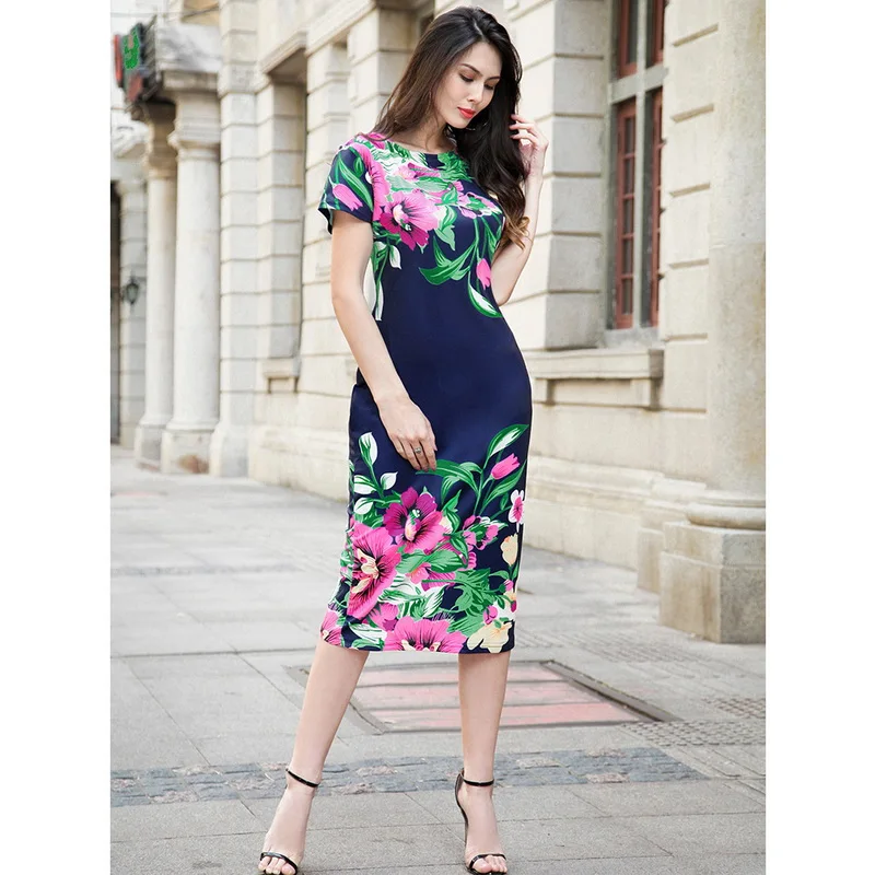 Летние Для женщин Винтаж платье Оболочка Bodycon по колено с цветочным принтом