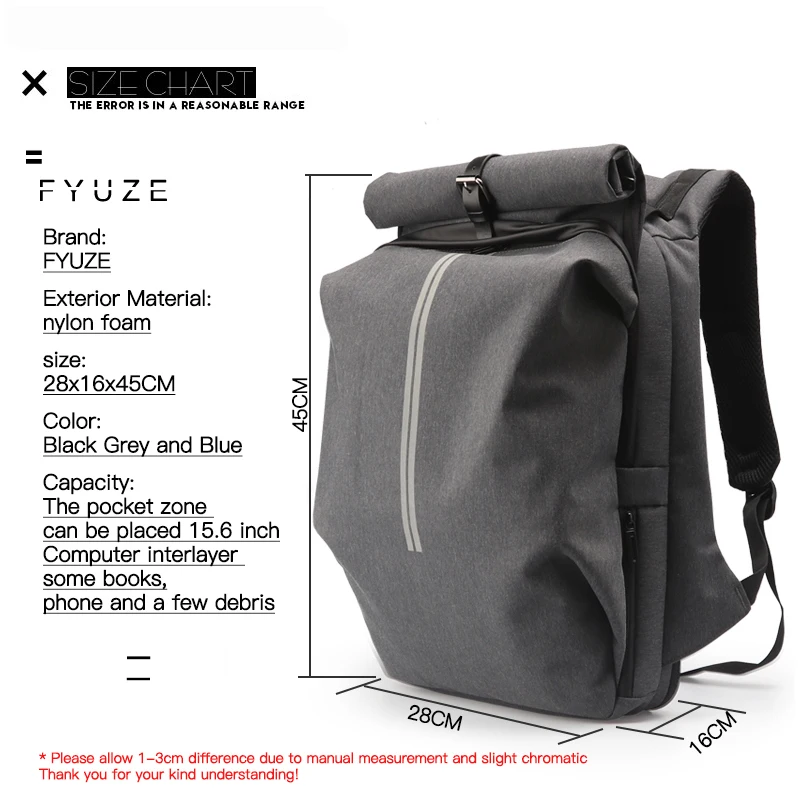 FYUZE Fashion Men Backpack for Laptop 15.6 inch Waterproof Travel Backpack Large Capacity College Student School Backpack